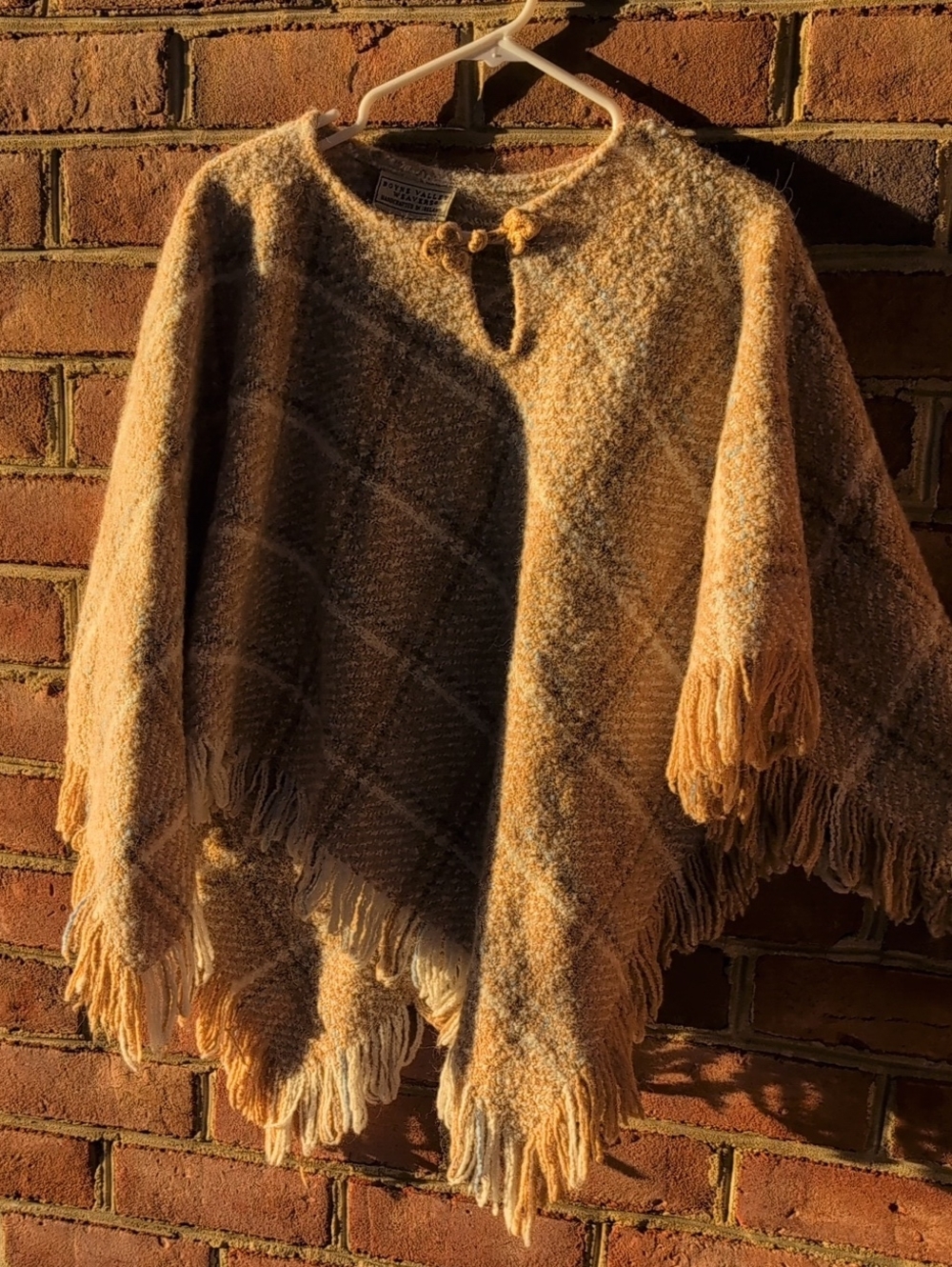 Boyne Valley Weavers Fringed Plaid Poncho Sweater in Tan Made In Ireland